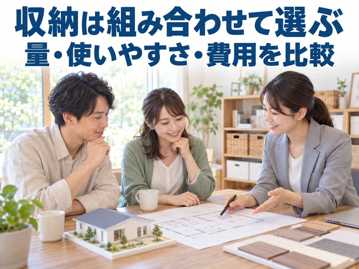 平屋の模型と間取り図を囲んで収納を相談する夫婦。収納は組み合わせ、量・使いやすさ・費用で比較する。