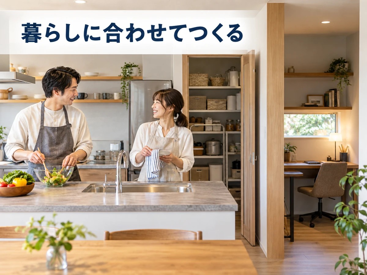 収納と書斎が隣接するキッチンで料理する夫婦。「暮らしに合わせてつくる」のコピー。