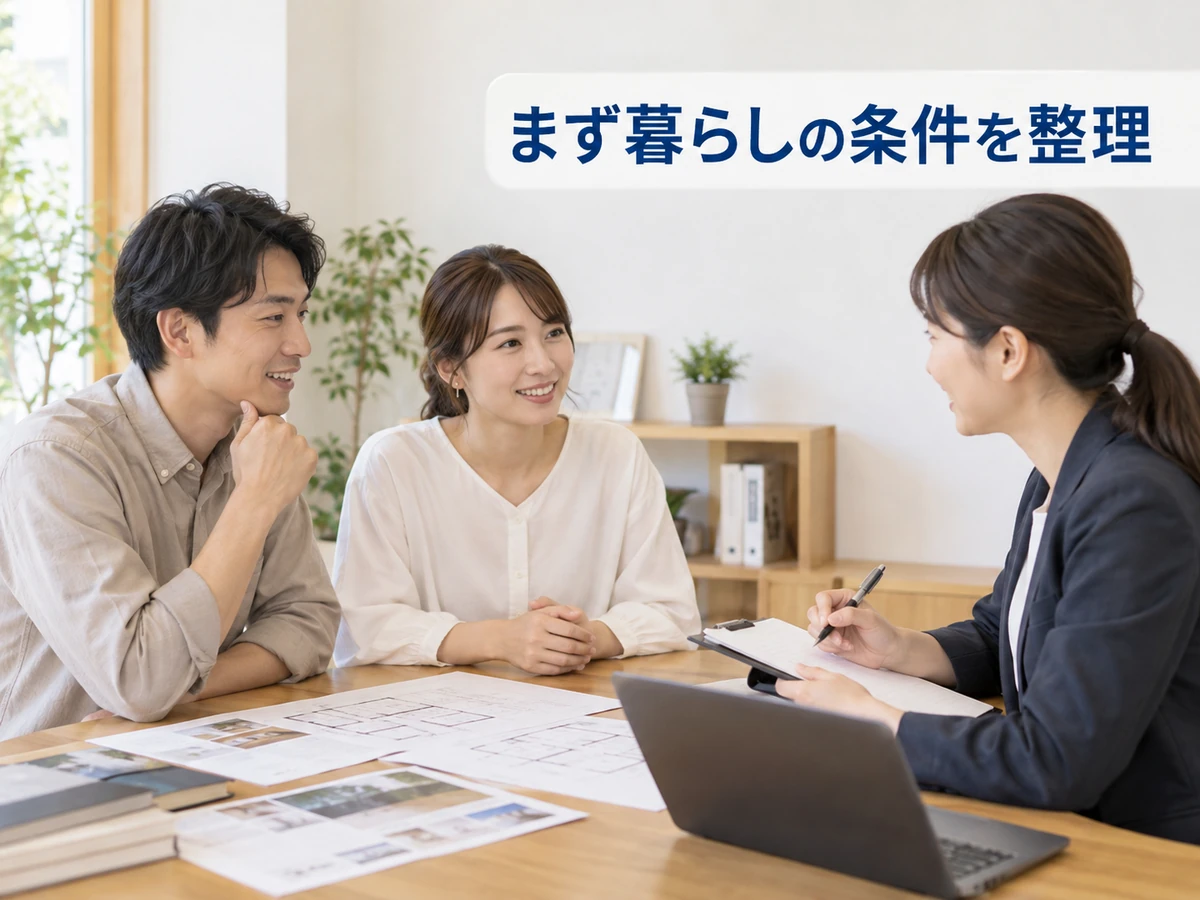 住宅資料を広げて相談員と話す夫婦。「まず暮らしの条件を整理」のコピー。