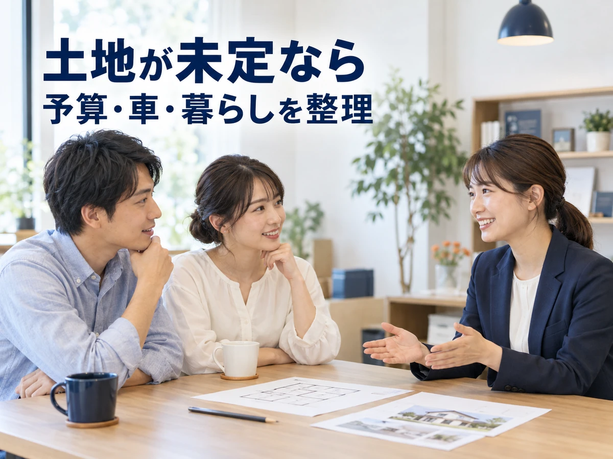 住宅相談で夫婦がアドバイザーと話し、土地が未定なら予算・車・暮らしの条件を整理するよう示している。