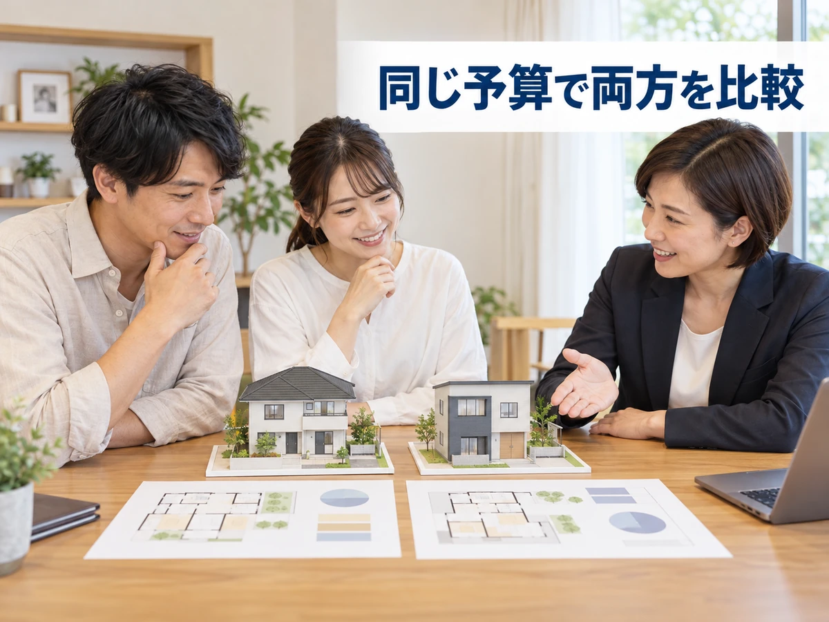 二つの住宅模型とプランを相談員と見比べる夫婦。「同じ予算で両方を比較」のコピー。