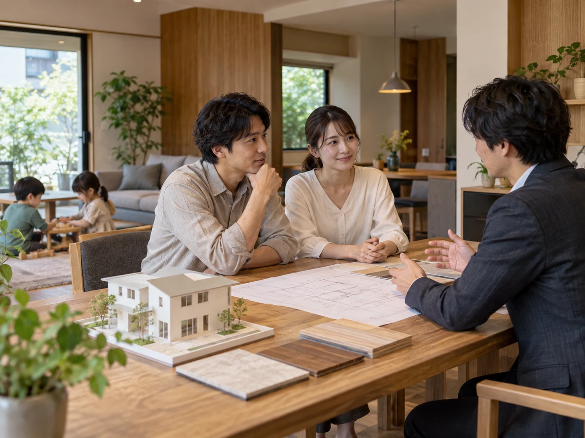 住宅模型や素材サンプルを囲み、夫婦が担当者と話している相談スペース。