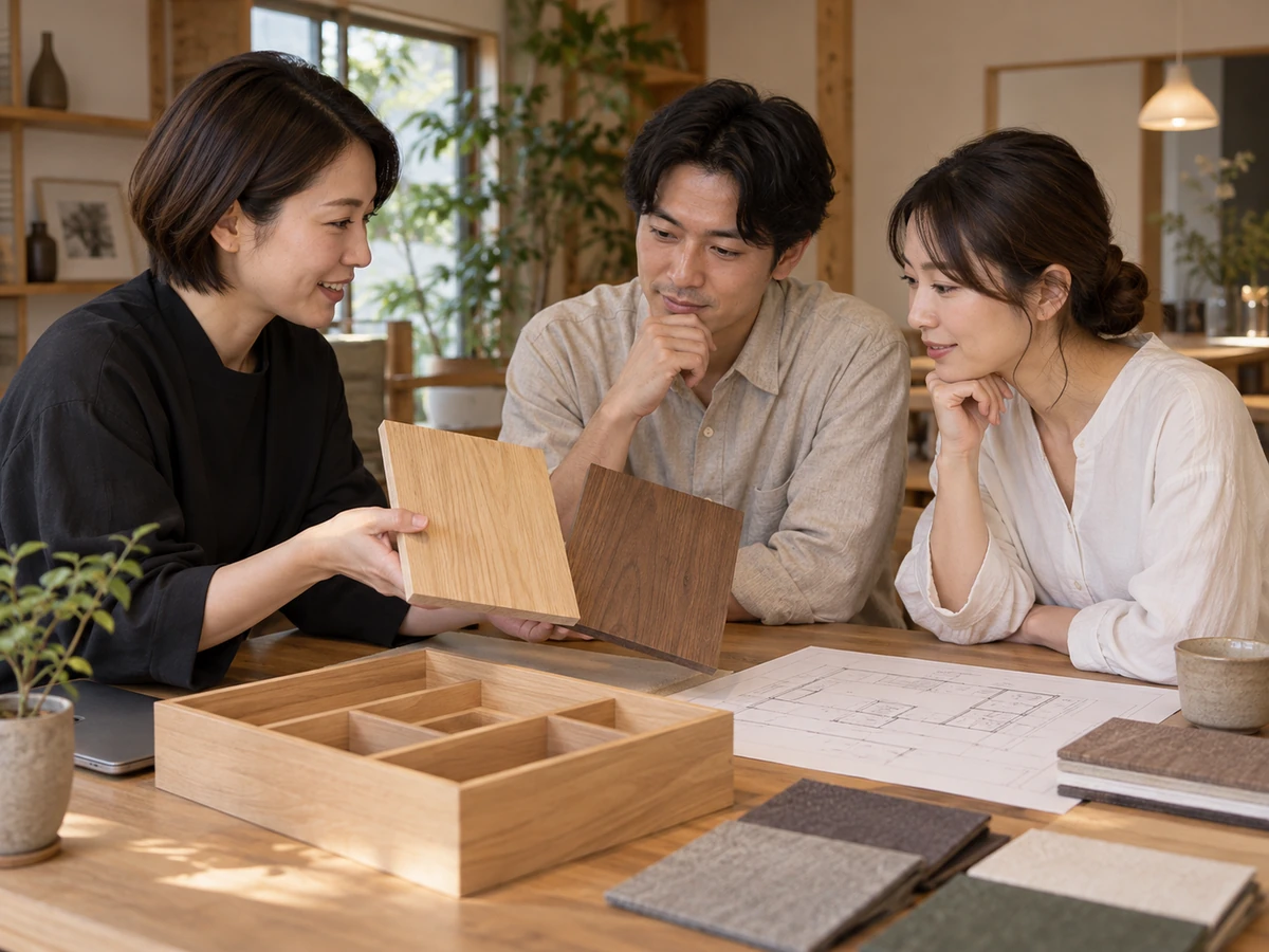 収納の引き出し模型と木材の見本を見ながら、収納設備を比較する夫婦と担当者。
