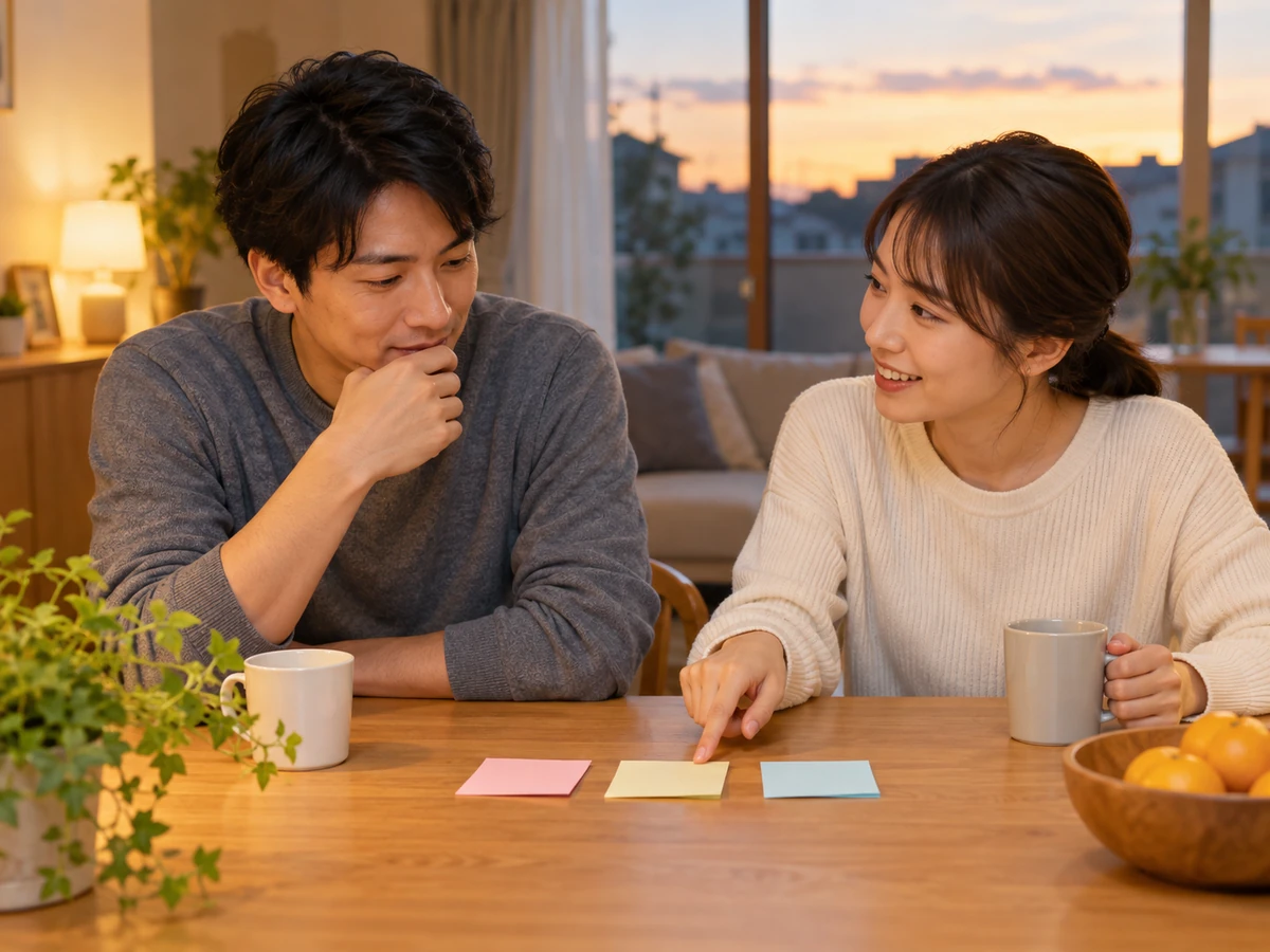 夕方の自宅で三枚の付箋を並べ、住まいの希望について話し合う夫婦。