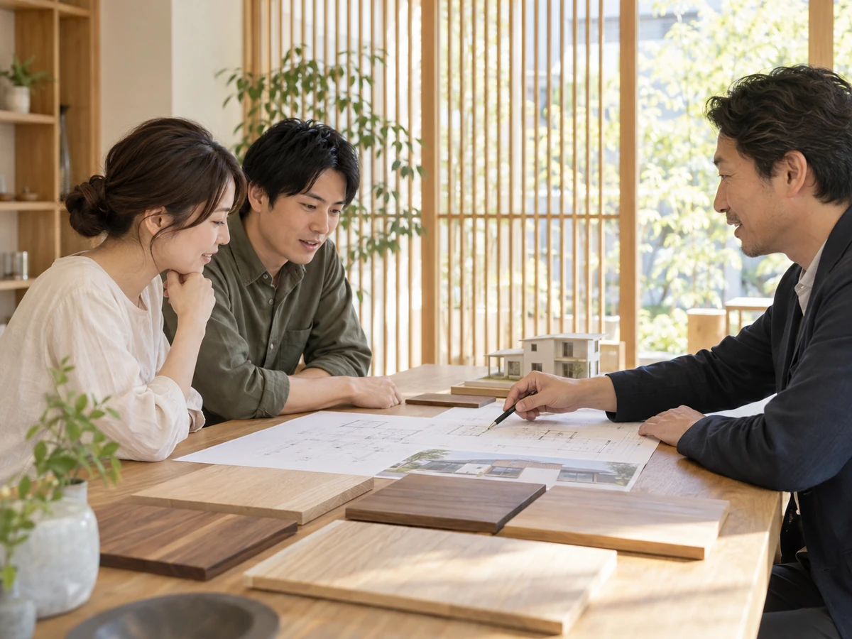 木の格子がある打ち合わせ室で、夫婦と設計担当者が図面や木材サンプルを確認している。