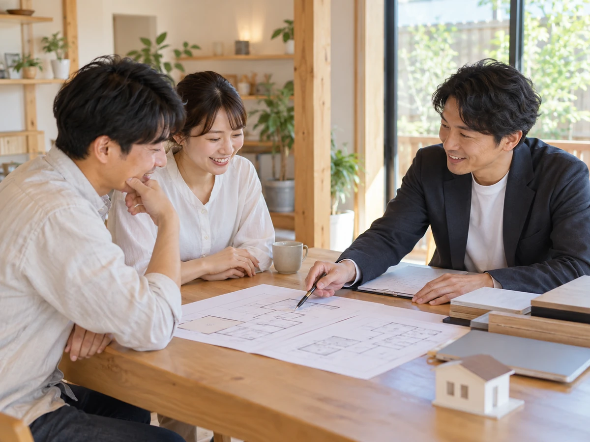 住宅模型と間取り図を使い、担当者と家づくりについて話し合う夫婦。