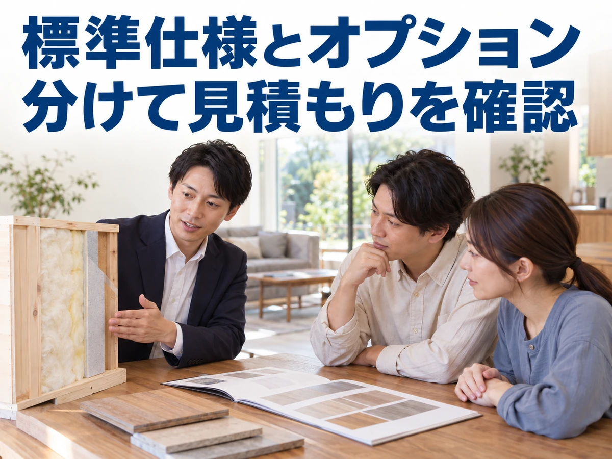 断熱材のサンプルを見ながら相談する夫婦。標準仕様とオプションを分けて見積もりを確認する要点。