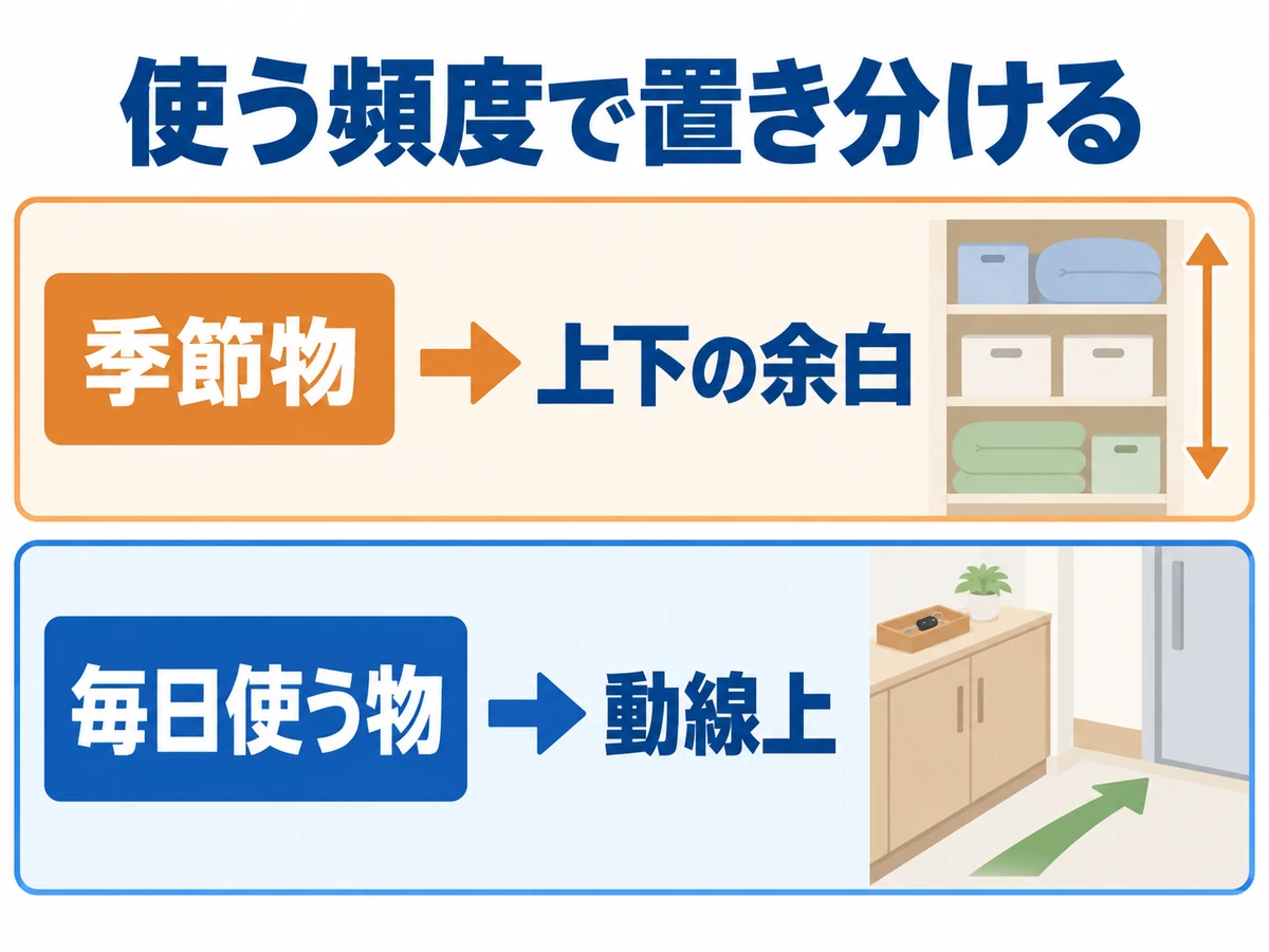 季節物は上下の余白、毎日使う物は動線上へ置き分ける収納の考え方。