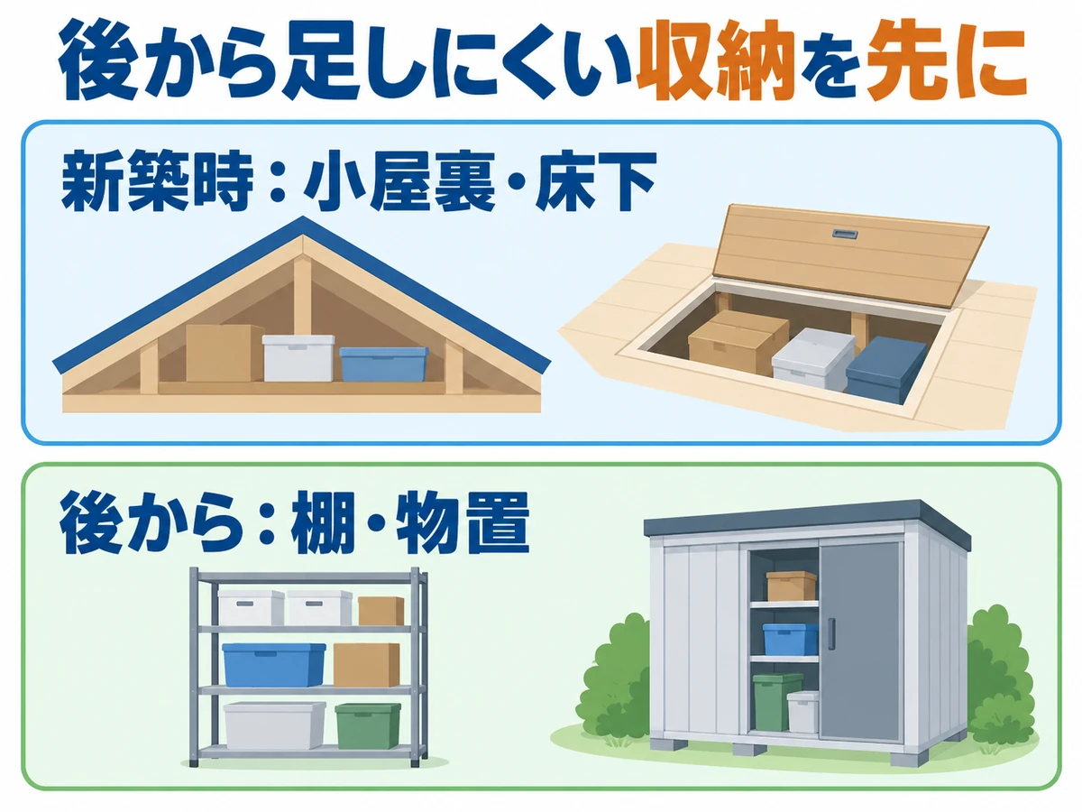 小屋裏・床下収納は新築時に計画し、棚・物置は後から追加するという収納計画の順序。
