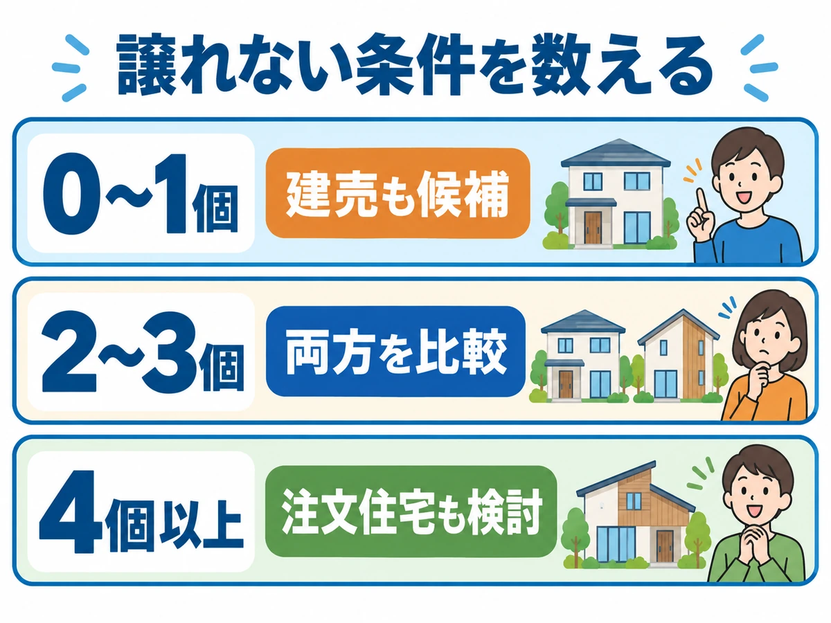 譲れない条件の数から考える目安。0〜1個は建売も候補、2〜3個は両方を比較、4個以上は注文住宅も検討する。