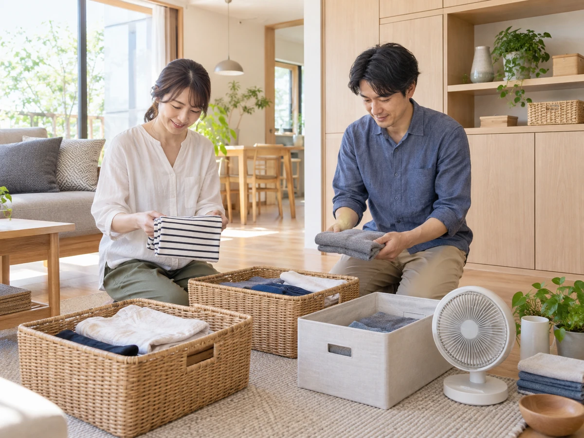 衣類や季節用品をかごに分け、自宅に必要な収納量を整理する夫婦。