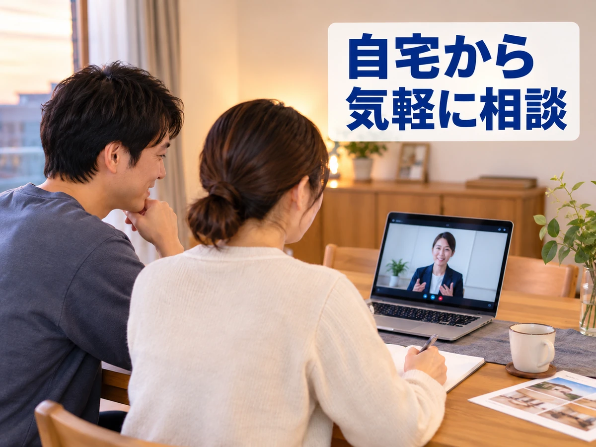 自宅のパソコンで相談員とオンライン相談をする夫婦。「自宅から気軽に相談」のコピー。