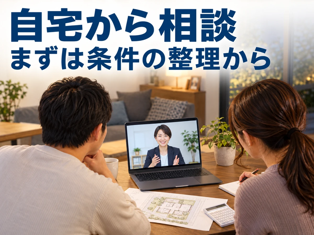 自宅で夫婦が住宅アドバイザーとオンライン相談をしている。まず条件の整理から始める要点。