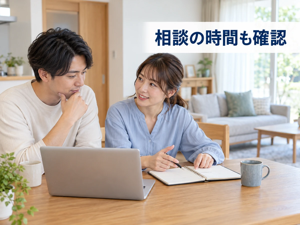 パソコンと予定帳を見ながら家づくりに使える時間を話し合う夫婦。「相談の時間も確認」のコピー。