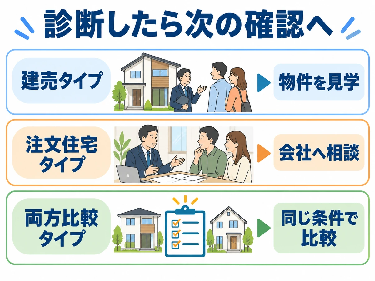 診断後の確認先。建売タイプは物件見学、注文住宅タイプは会社へ相談、両方比較タイプは同じ条件で比較する。