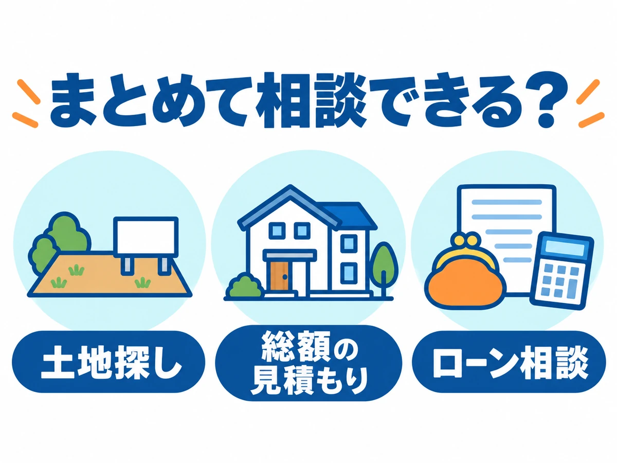 土地探し、総額の見積もり、ローン相談の三つを、まとめて相談できるか確認する図解。