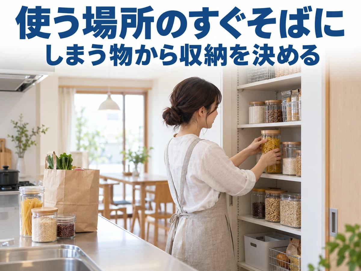 キッチン横のパントリーに食品を戻す女性。しまう物と使う場所から収納を決める。