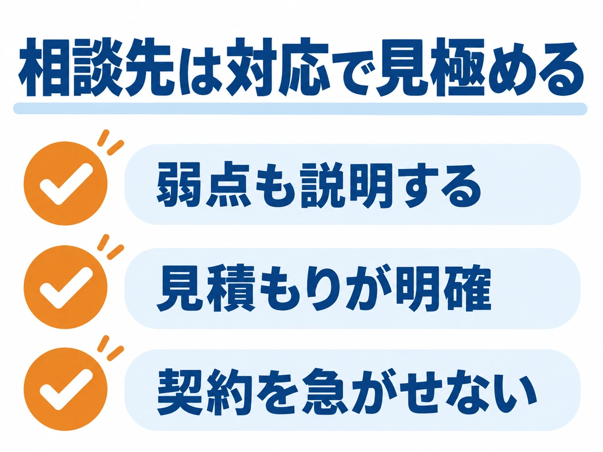 信頼できる相談先を見極める3項目。弱点も説明する、見積もりが明確、契約を急がせない。