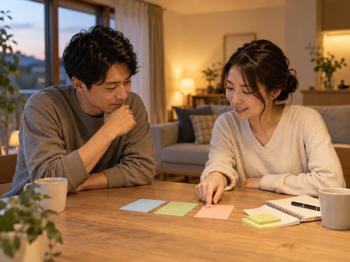夕方の自宅で、付箋に書いた住まいの条件を整理しながら話し合う夫婦。