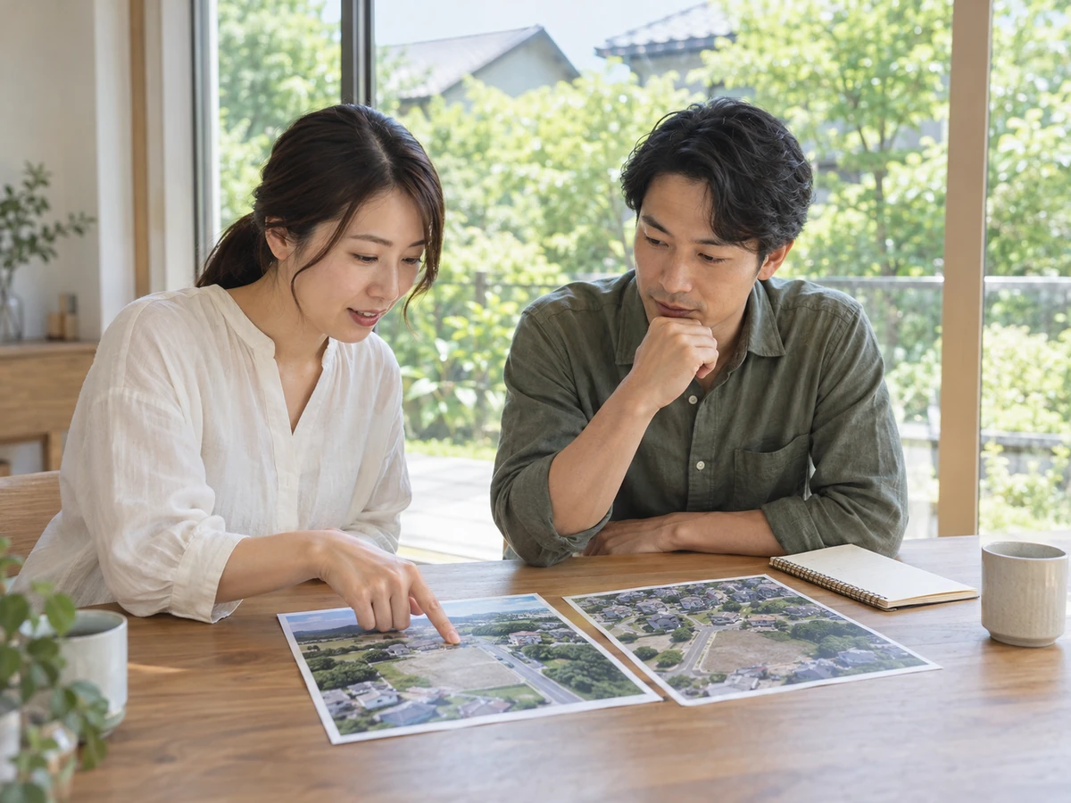 夫婦が2つの土地の写真を見比べ、希望する暮らしについて話し合っている。