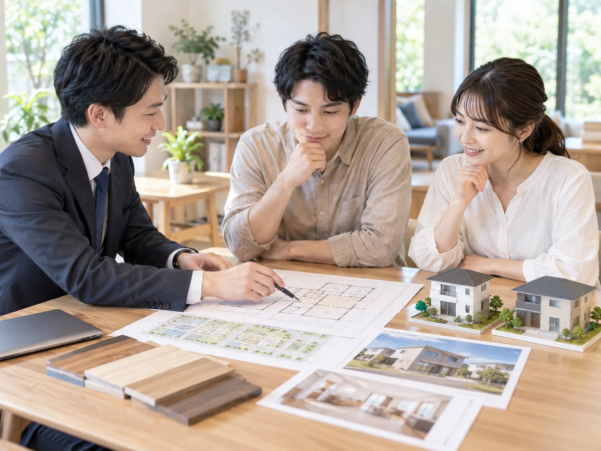 土地の区画図、間取り図、住宅模型を広げ、相談員と比較条件を整理する夫婦。