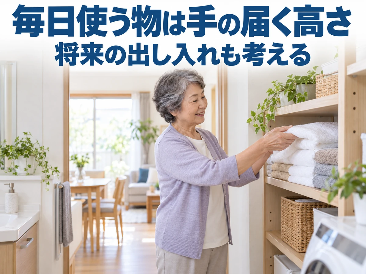手が届く高さの棚にタオルをしまう女性。毎日使う物は将来の出し入れも考えて配置する。