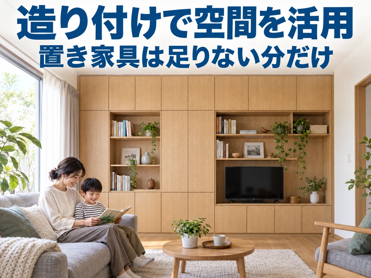 壁一面の造り付け収納があるリビングで読書する親子。置き家具は足りない分だけ補う。
