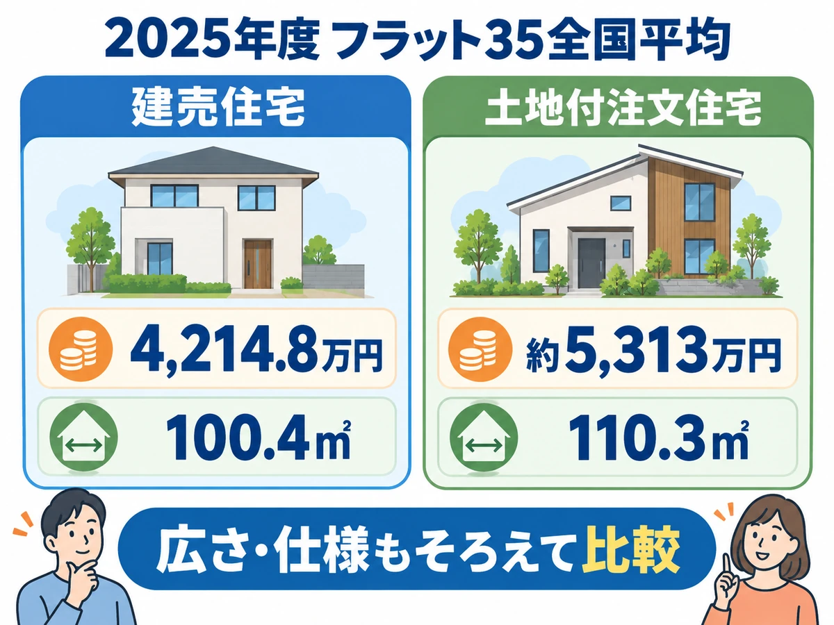 2025年度フラット35利用者の全国平均。建売は購入価額4,214.8万円・住宅面積100.4㎡、土地付注文住宅は建設費と土地取得費の合計約5,313万円・110.3㎡。広さと仕様もそろえて比較する。
