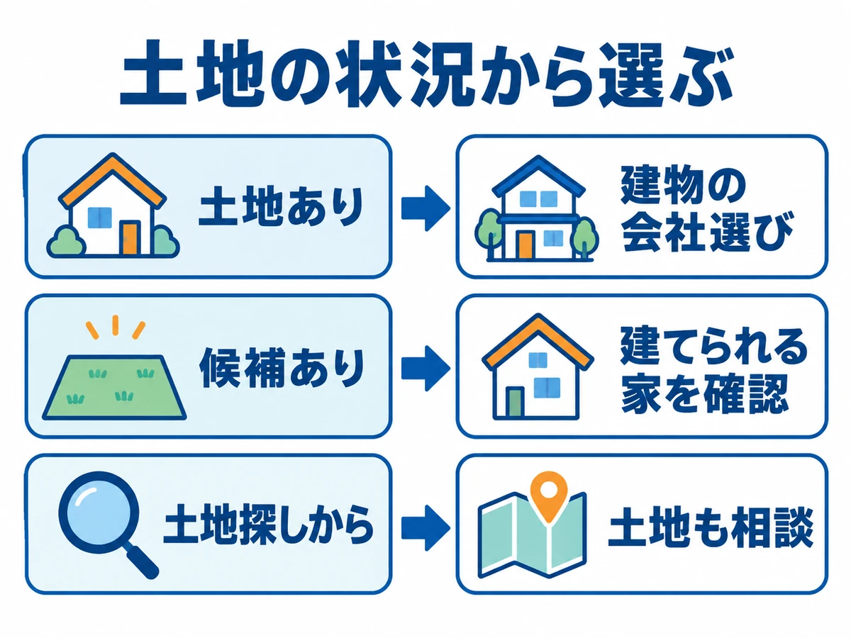 土地ありなら建物の会社選び、候補ありなら建てられる家を確認、土地探しからなら土地も相談する選び方。