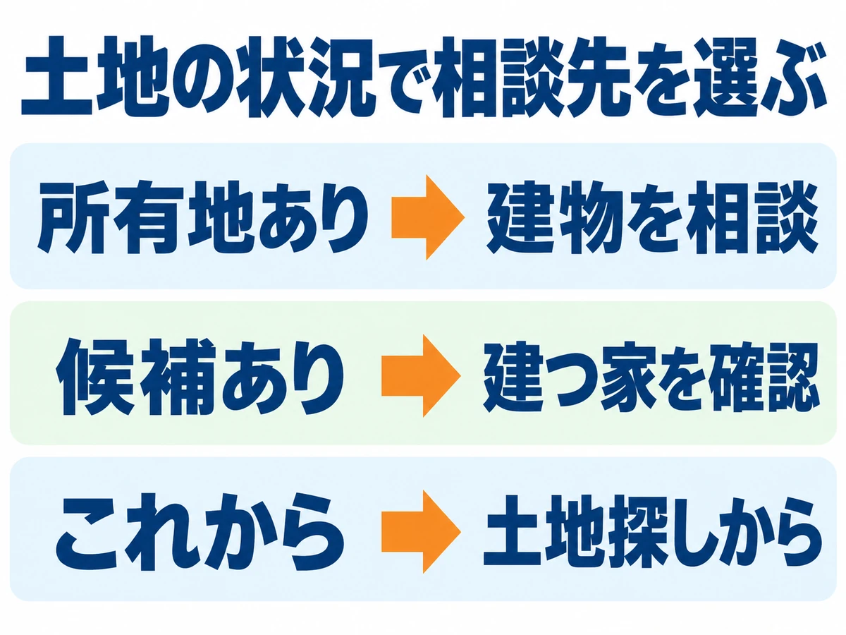 所有地があれば建物を相談、候補地があれば建てられる家を確認、これから探すなら土地探しから始める3つのルート。