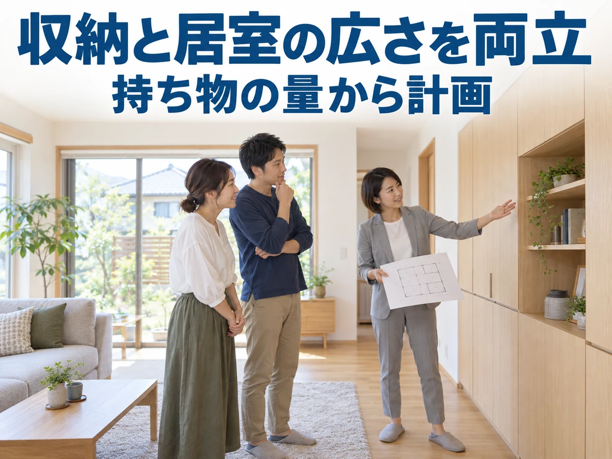 平屋の壁面収納を見ながら間取りを相談する夫婦。持ち物の量から、収納と居室の広さを両立させる。