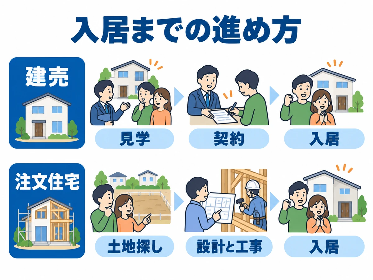 建売は見学・契約・入居、注文住宅は土地探し・設計と工事・入居という、入居までの主な進め方の比較。