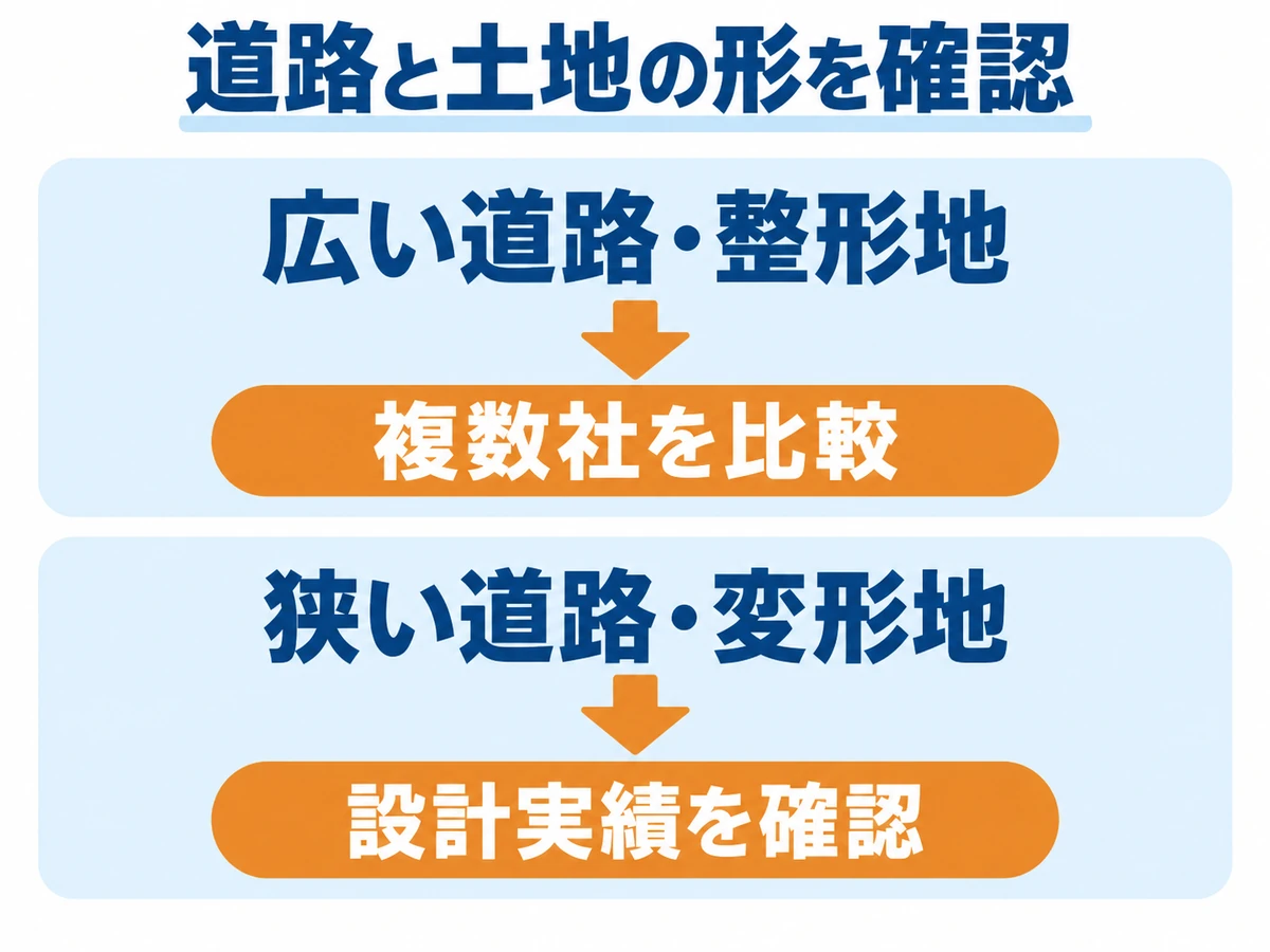 広い道路・整形地は複数社を比較し、狭い道路・変形地は設計実績を確認するという土地条件別の判断図。
