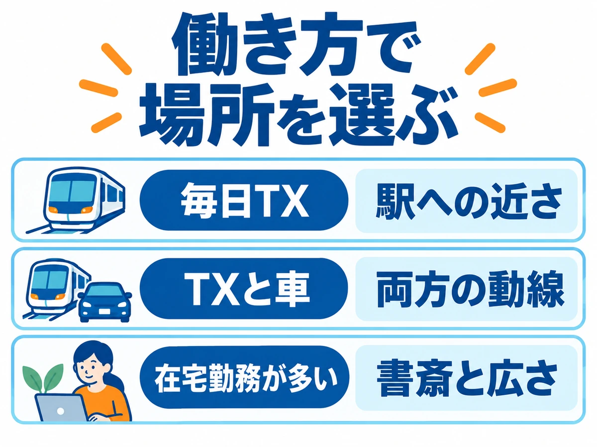 毎日TXなら駅への近さ、TXと車なら両方の動線、在宅勤務が多いなら書斎と広さを重視するエリア選び。