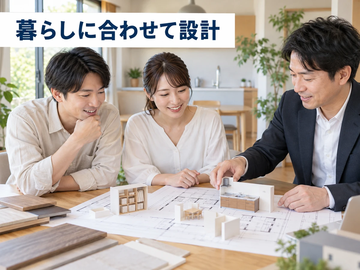 住宅模型と間取り図を使い、建築士と設計を相談する夫婦。「暮らしに合わせて設計」のコピー。