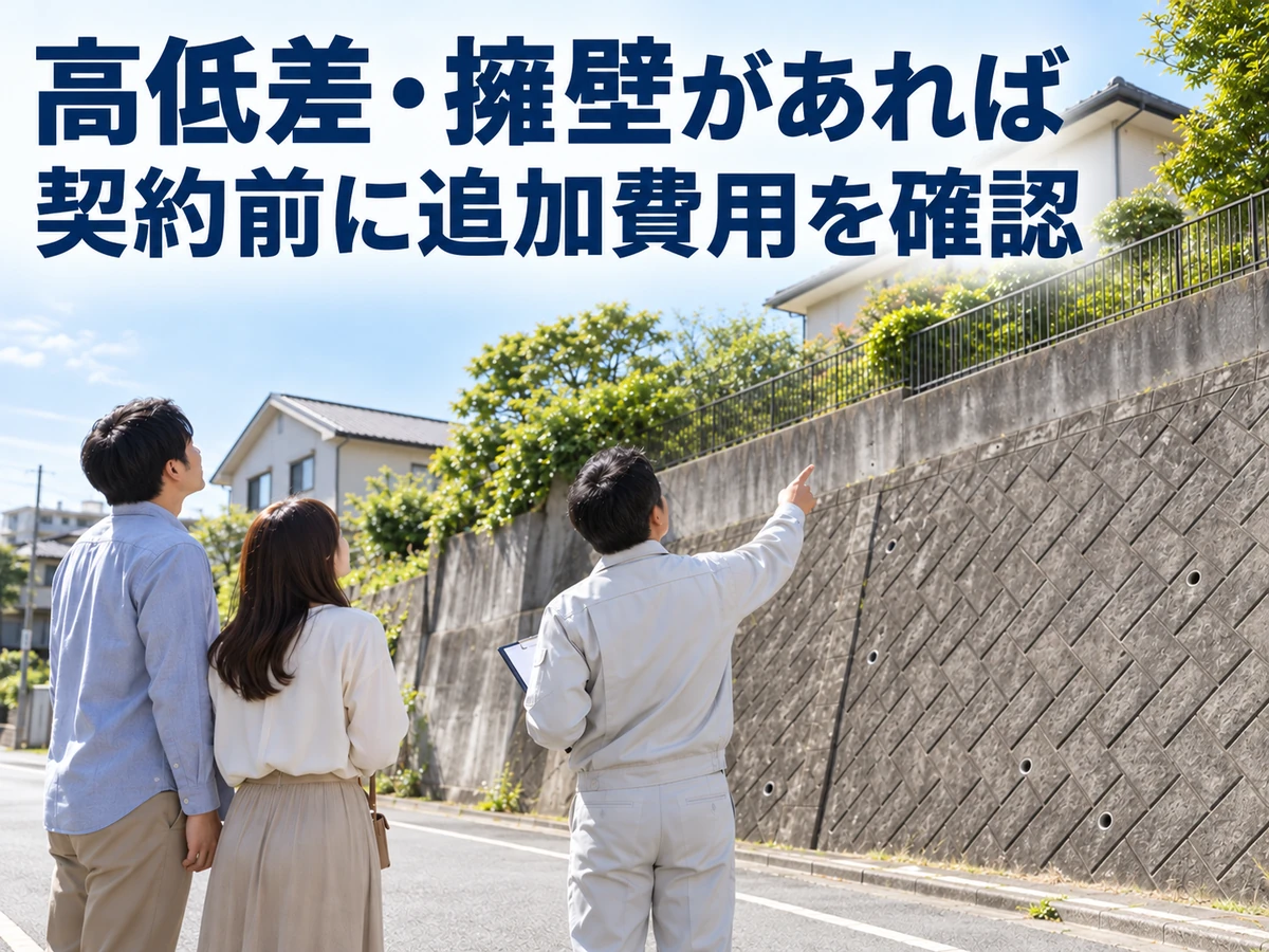 高い擁壁のある土地を夫婦と担当者が確認している。高低差や擁壁があれば契約前に追加費用を確認する要点。