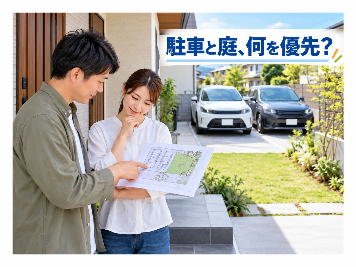 庭と車二台の駐車スペースを見ながら図面を確認する夫婦。「駐車と庭、何を優先？」のコピー。