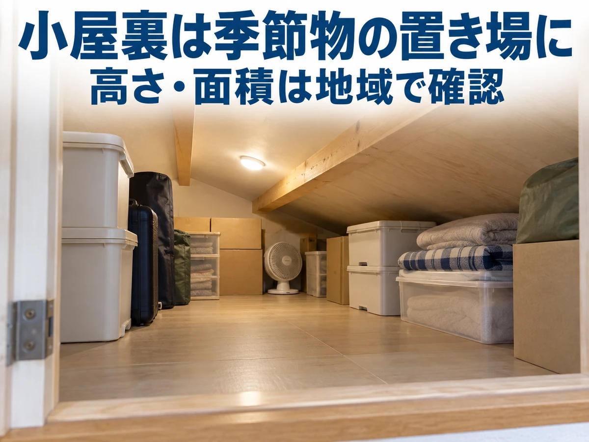 低い勾配天井の小屋裏に衣装ケースや布団、季節用品を保管した例。高さ・面積の基準は地域で確認する。