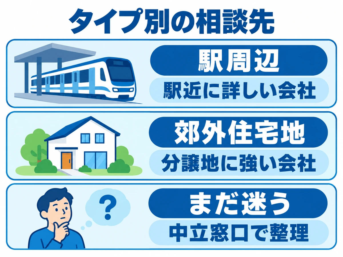 駅周辺は駅近に詳しい会社、郊外住宅地は分譲地に強い会社、まだ迷う場合は中立窓口で整理する相談先の選び方。
