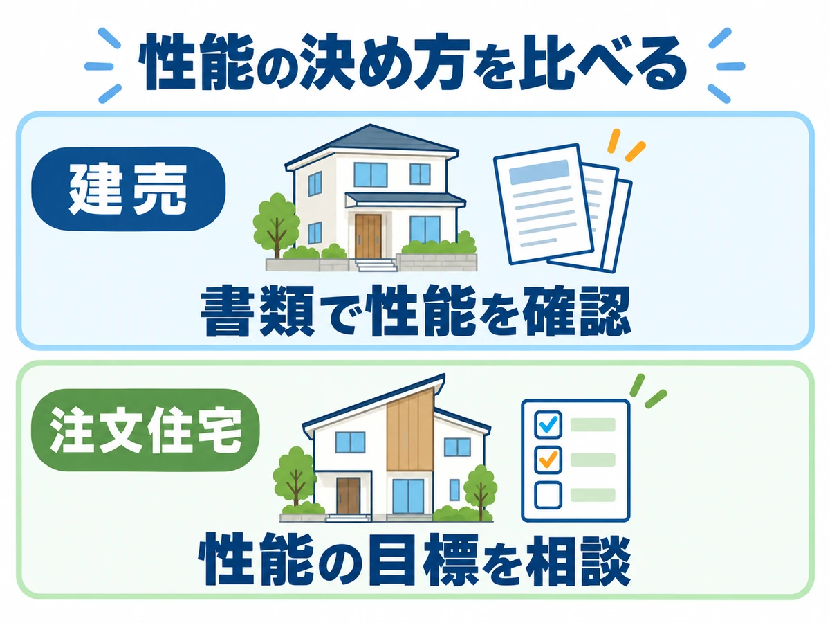 建売は書類で物件の性能を確認し、注文住宅は性能の目標を決めて相談するという、性能の決め方の違い。