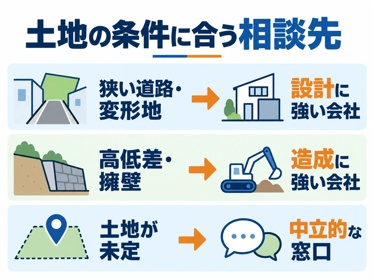 狭い道路・変形地は設計に強い会社、高低差・擁壁は造成に強い会社、土地未定は中立的な窓口へ相談する対応図。