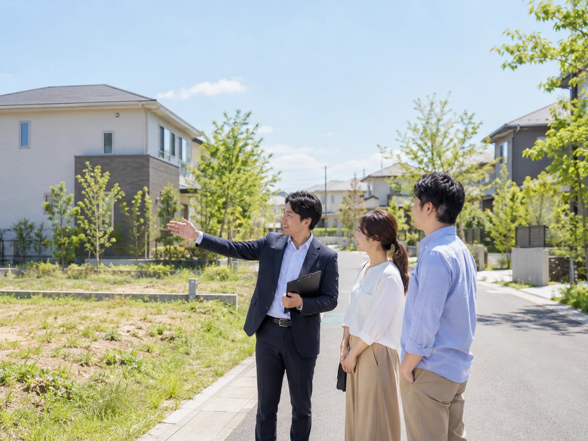 住宅地の現地で、相談員の説明を聞きながら周辺環境を確認する夫婦。