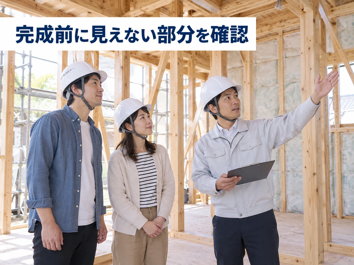 ヘルメットをかぶった夫婦が施工中の木造住宅で説明を受ける。「完成前に見えない部分を確認」のコピー。