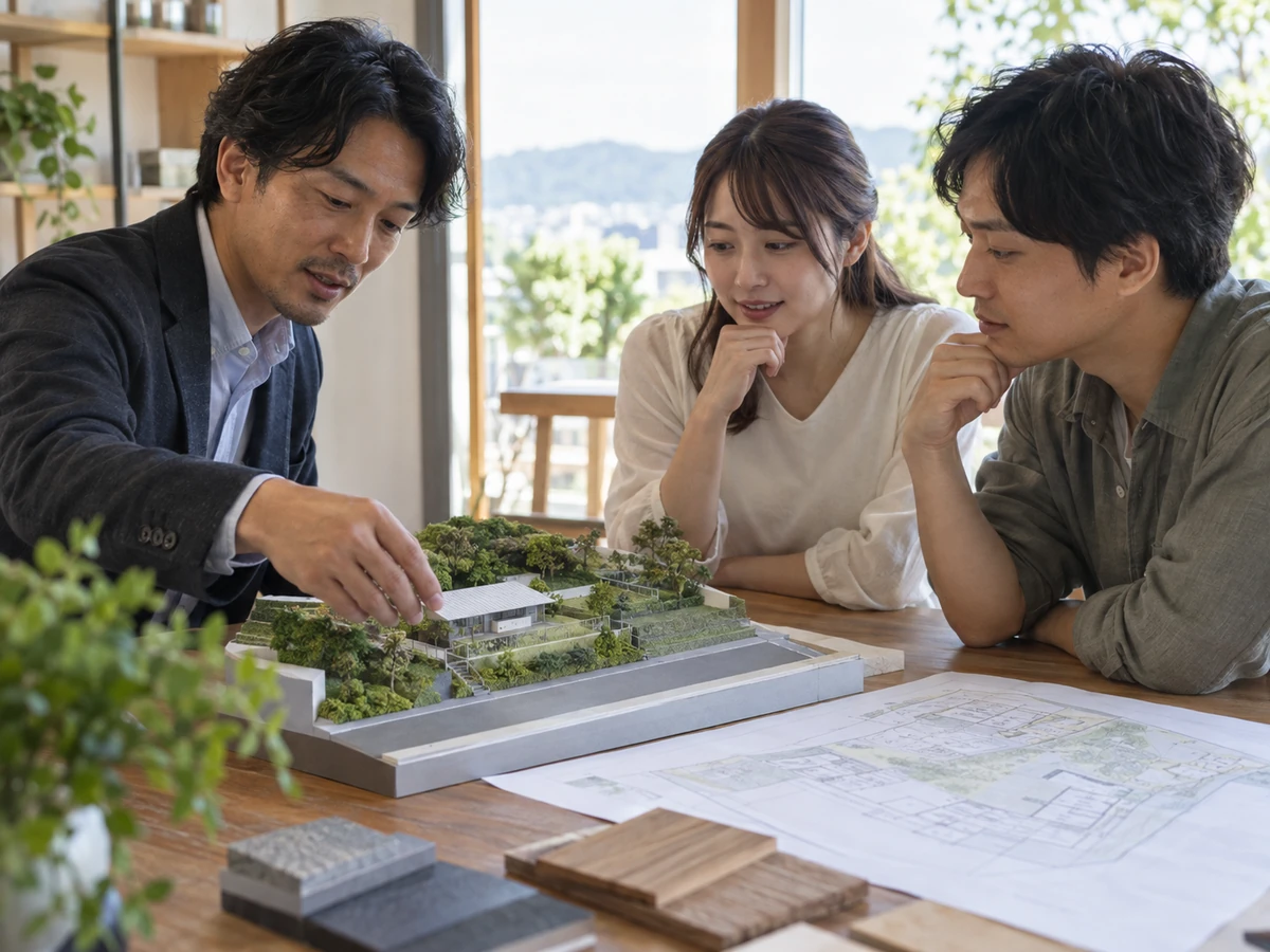 夫婦と設計担当者が、高低差のある敷地と住宅の模型を見ながら土地条件を検討している。