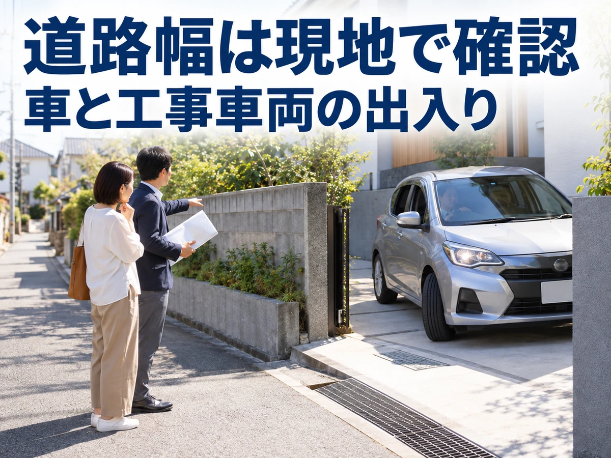 狭い道路から駐車場へ入る車を確認する場面。道路幅と車・工事車両の出入りを現地で確かめる要点。