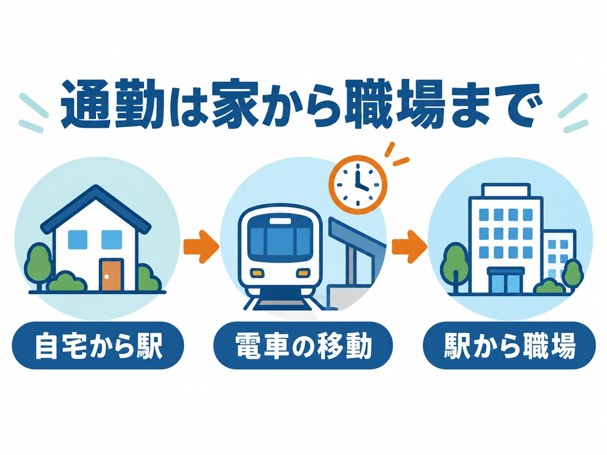 自宅から駅、電車の移動、駅から職場の三段階で、家から職場までの通勤を確認する図解。