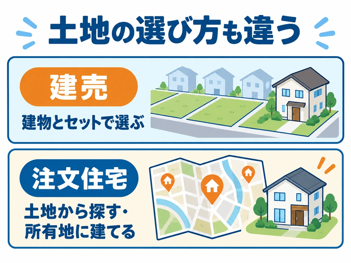 建売は建物とセットで区画を選び、注文住宅は土地から探したり所有地に建てたりするという土地選びの違い。