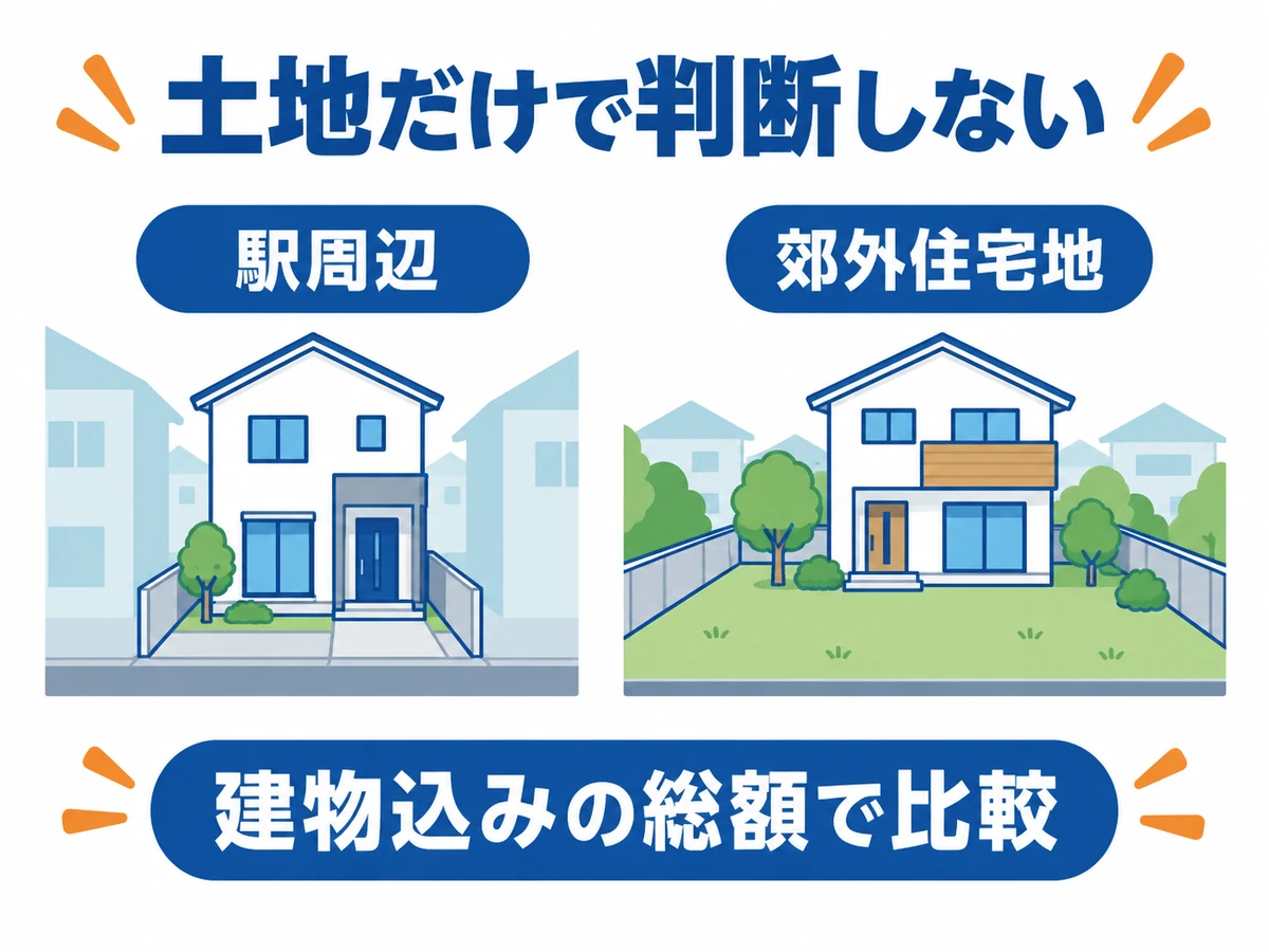 駅周辺と郊外住宅地を、土地だけで判断せず建物込みの総額で比較する考え方。