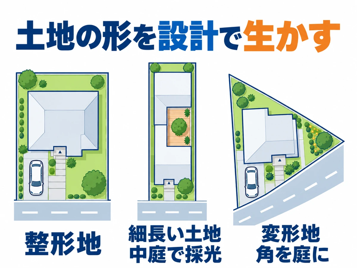 整形地、細長い土地に中庭を設ける例、変形地の角を庭に使う例を並べた配置イラスト。