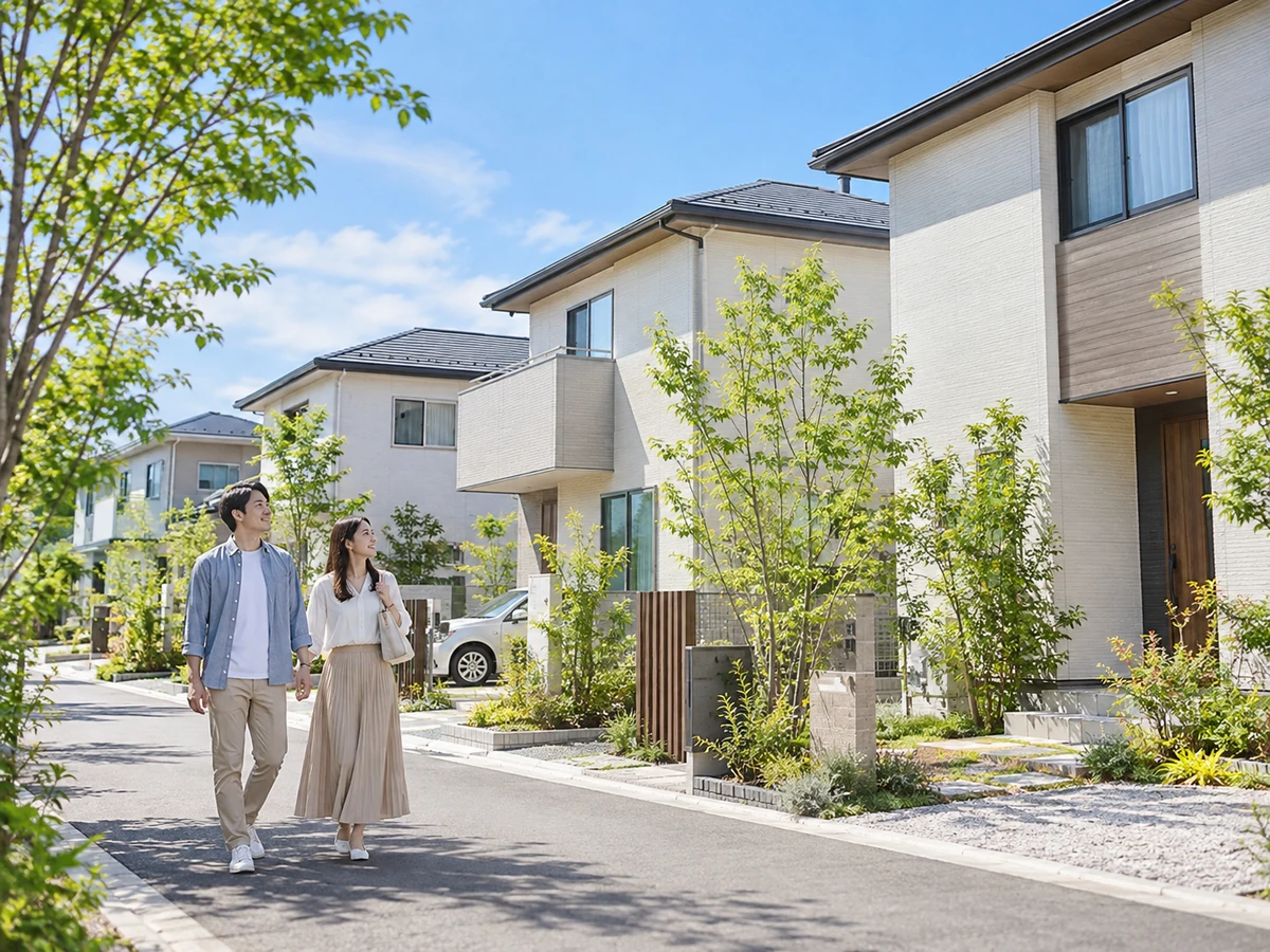 完成した二階建て住宅が並ぶ緑のある住宅街を、外観を見ながら歩く夫婦。